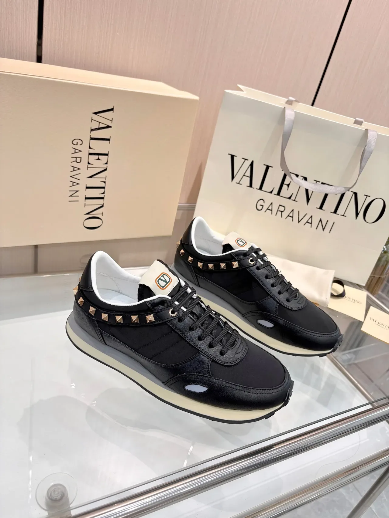 Valentino Black Gold Leather And Fabric Upper Pyramid Studs Lifestyle Sneakers 5