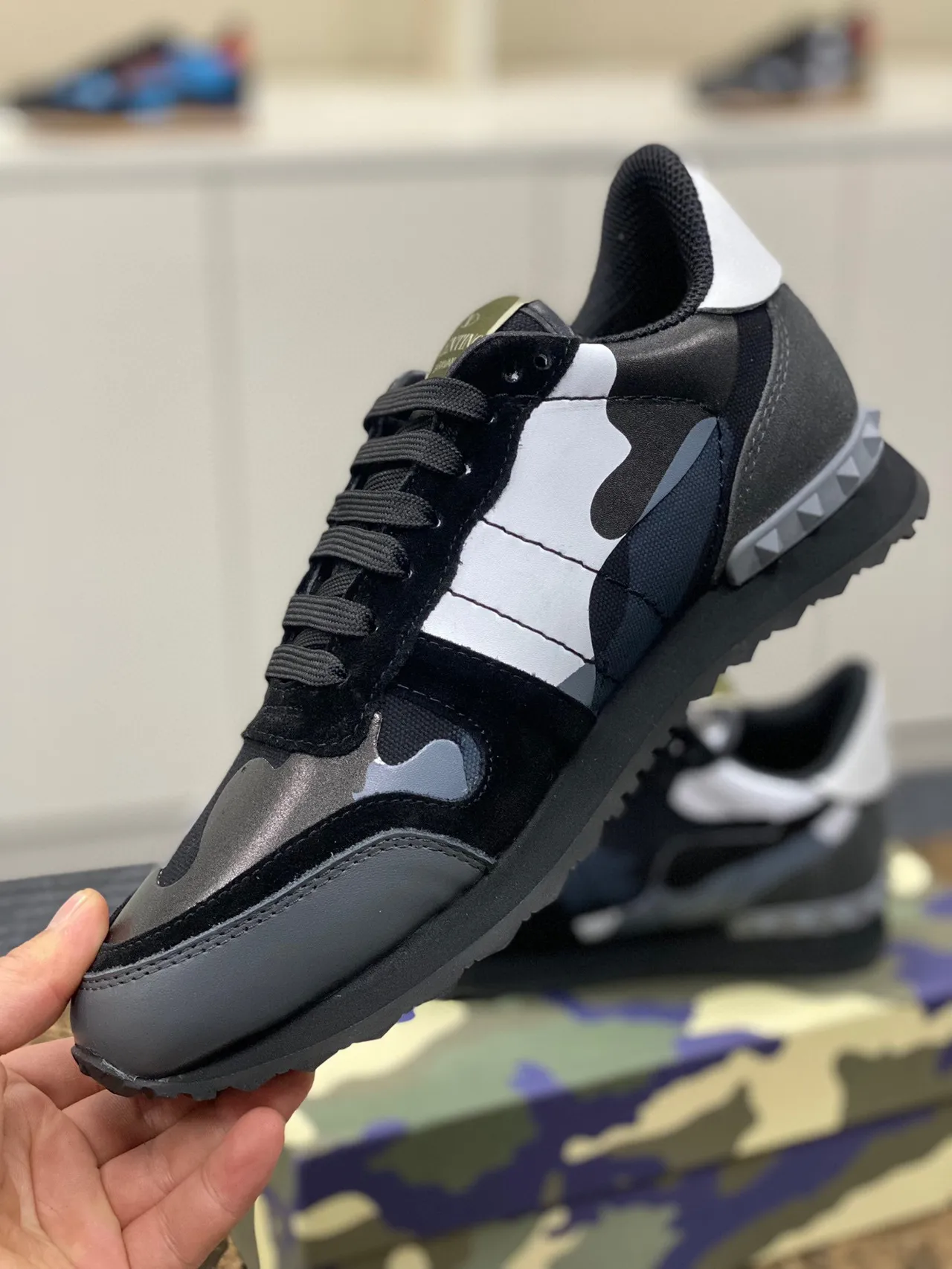 Valentino Black Multicolor Camouflage Paneling Suede And Textile Mix Lifestyle Sneakers 2