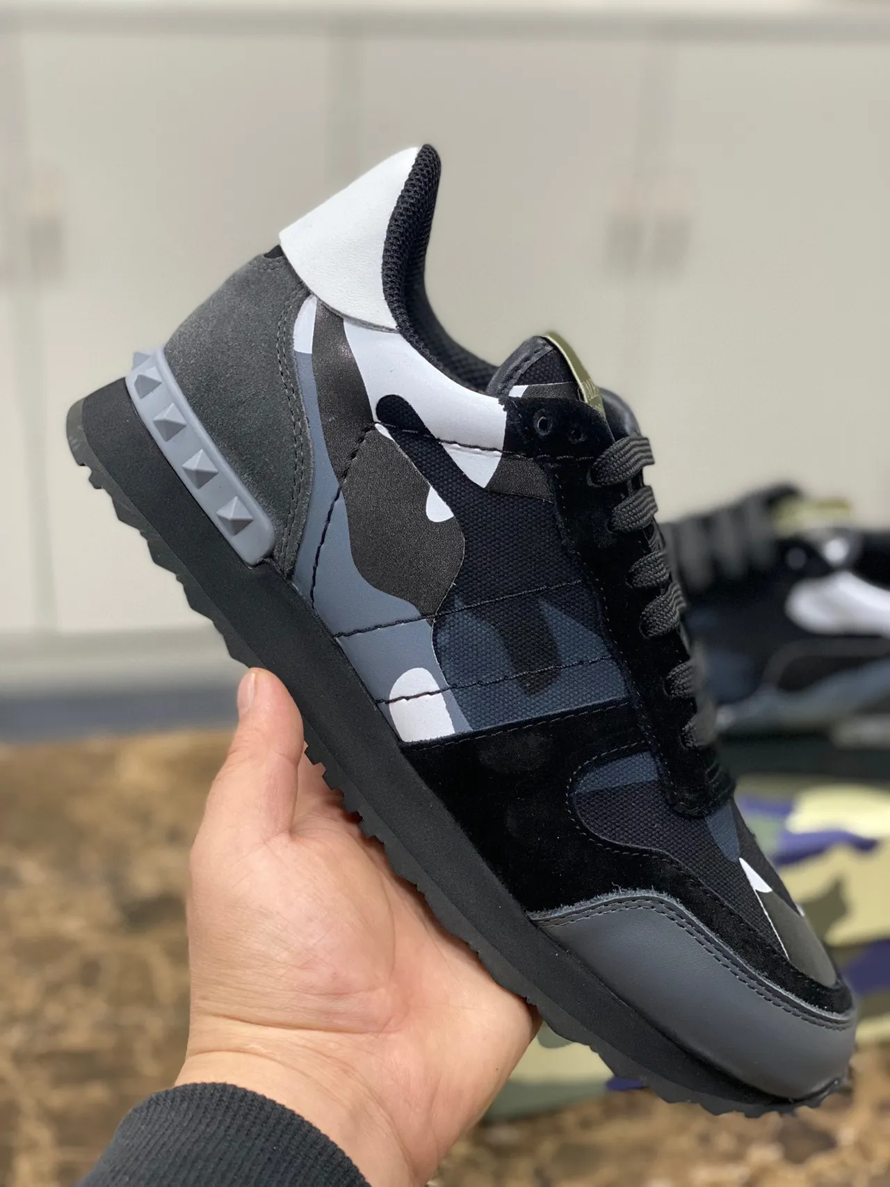 Valentino Black Multicolor Camouflage Paneling Suede And Textile Mix Lifestyle Sneakers 4
