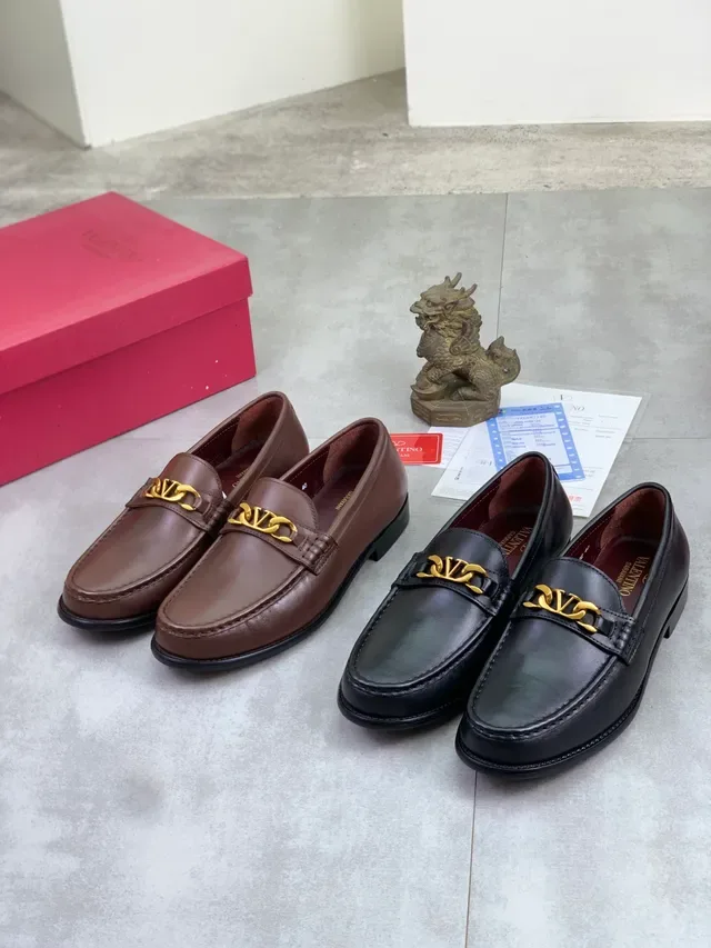 Valentino Brown Gold Leather VLogo Buckle Loafer 2