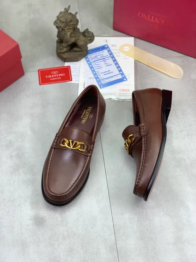 Valentino Brown Gold Leather VLogo Buckle Loafer 6