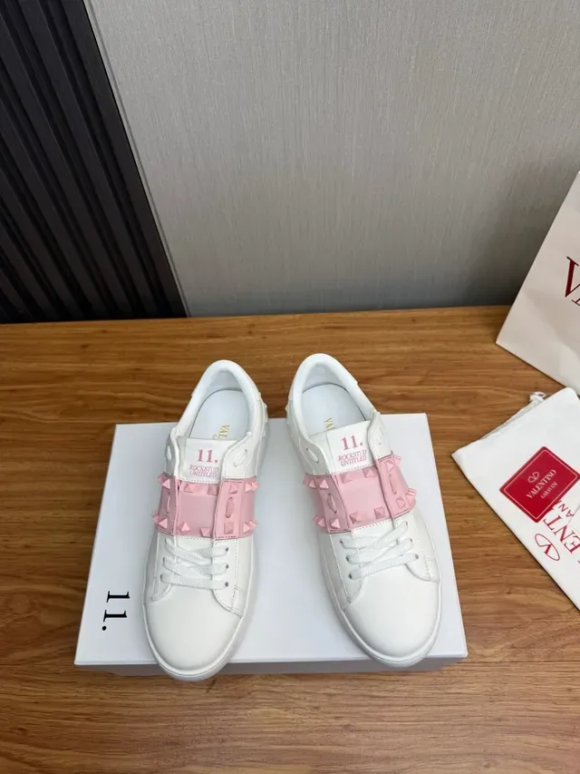Valentino Rockstud White and Pink Stud-Strap Lifestyle Sneakers 2