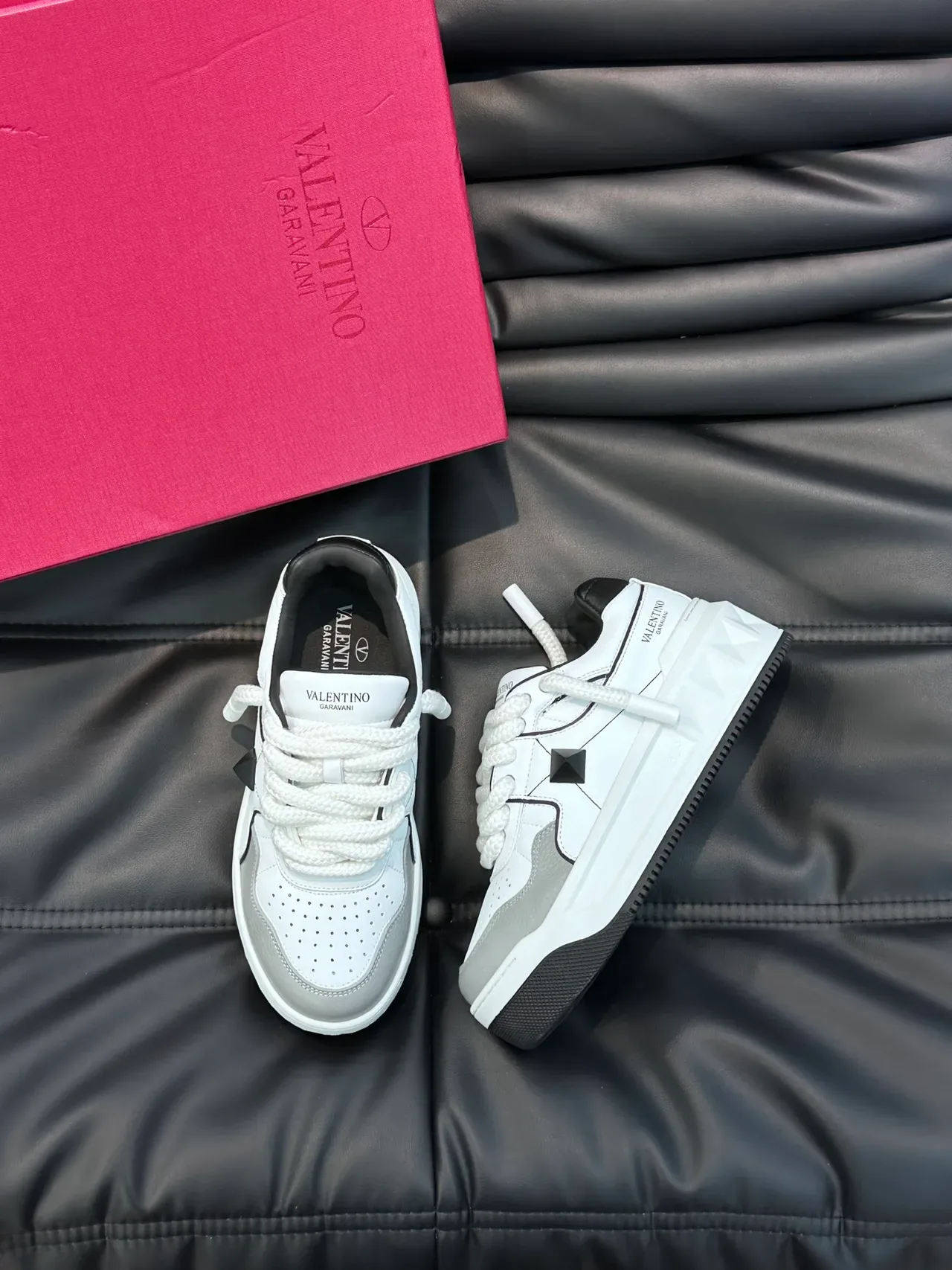 Valentino Rockstud White Gray Black Lifestyle Sneakers 4