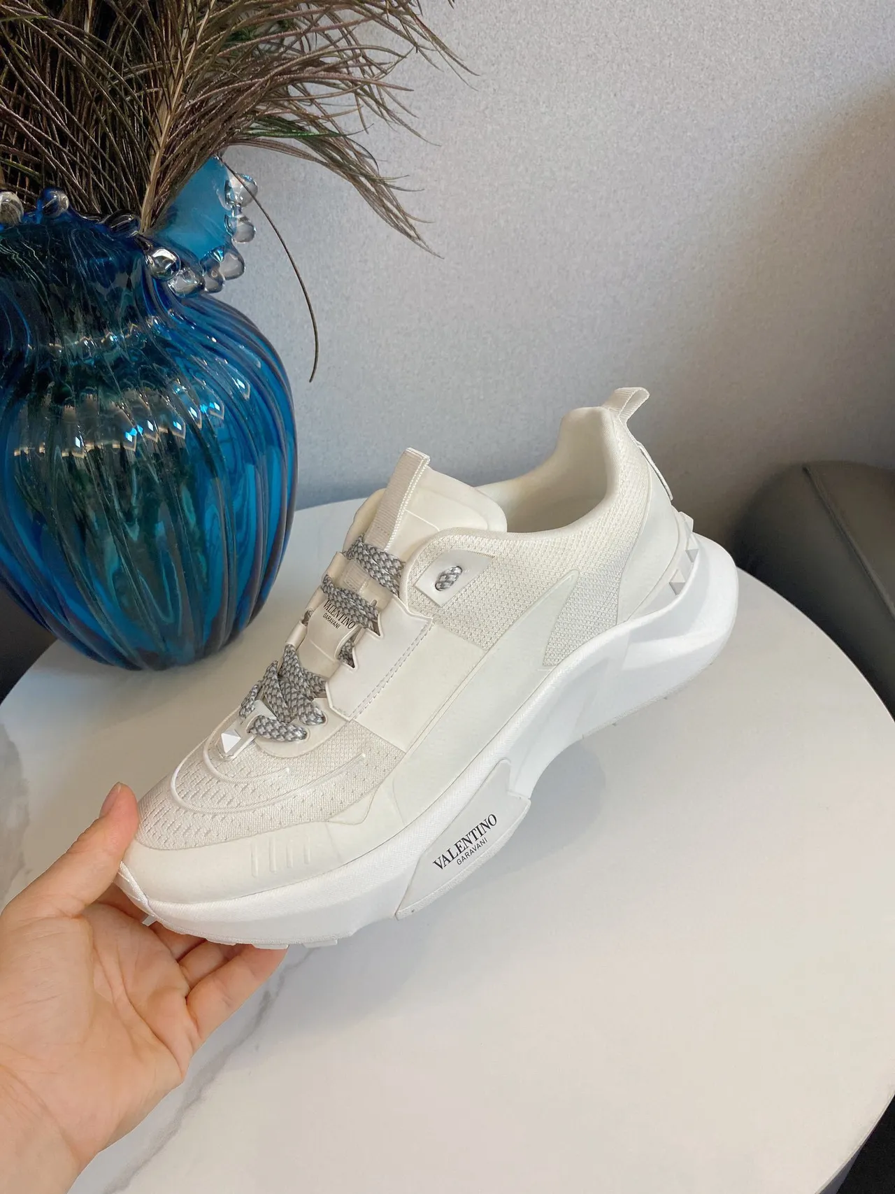 Valentino Rockstud White Gray Sole Knit Mesh Upper Chunky Sneakers 6