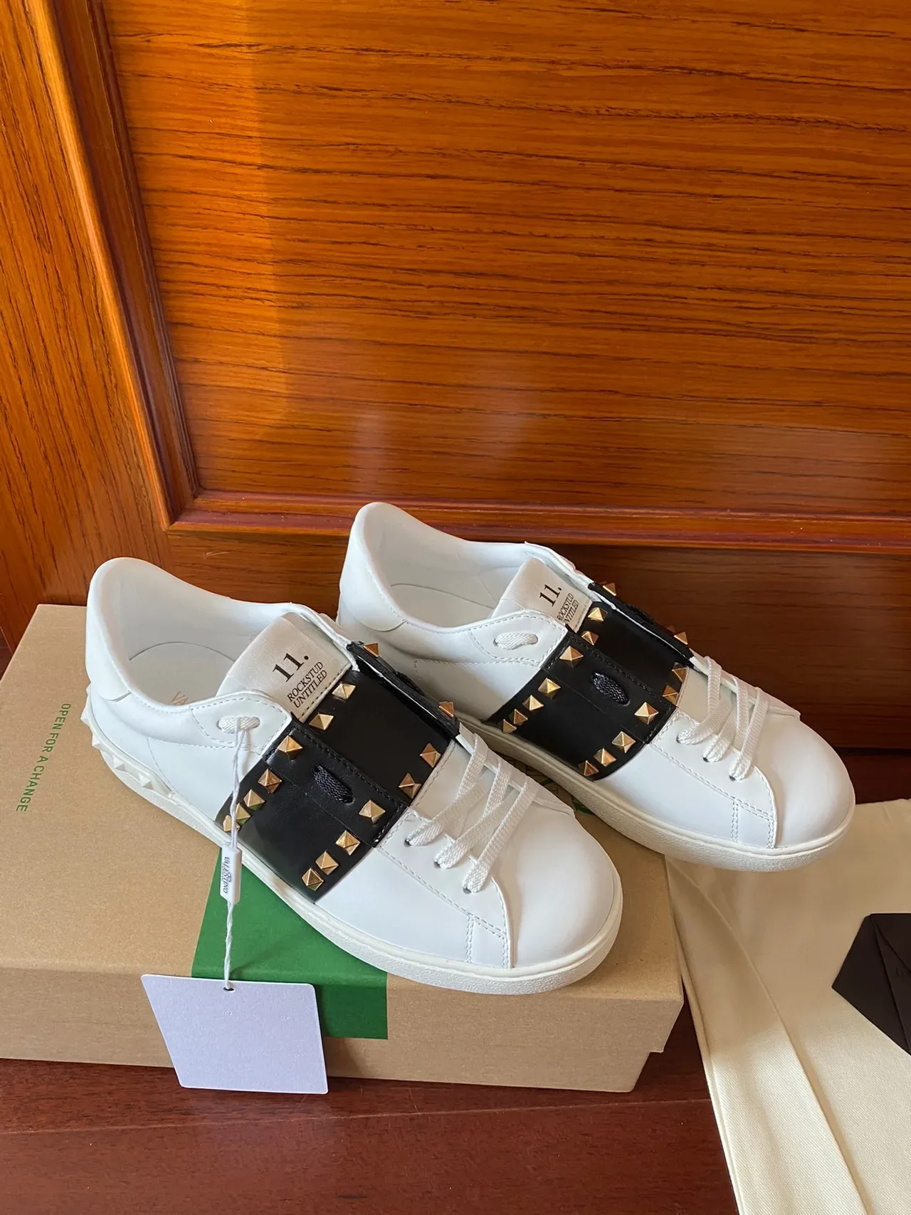 Valentino Rockstud White Leather Black Studded Strap Lifestyle Sneakers 2