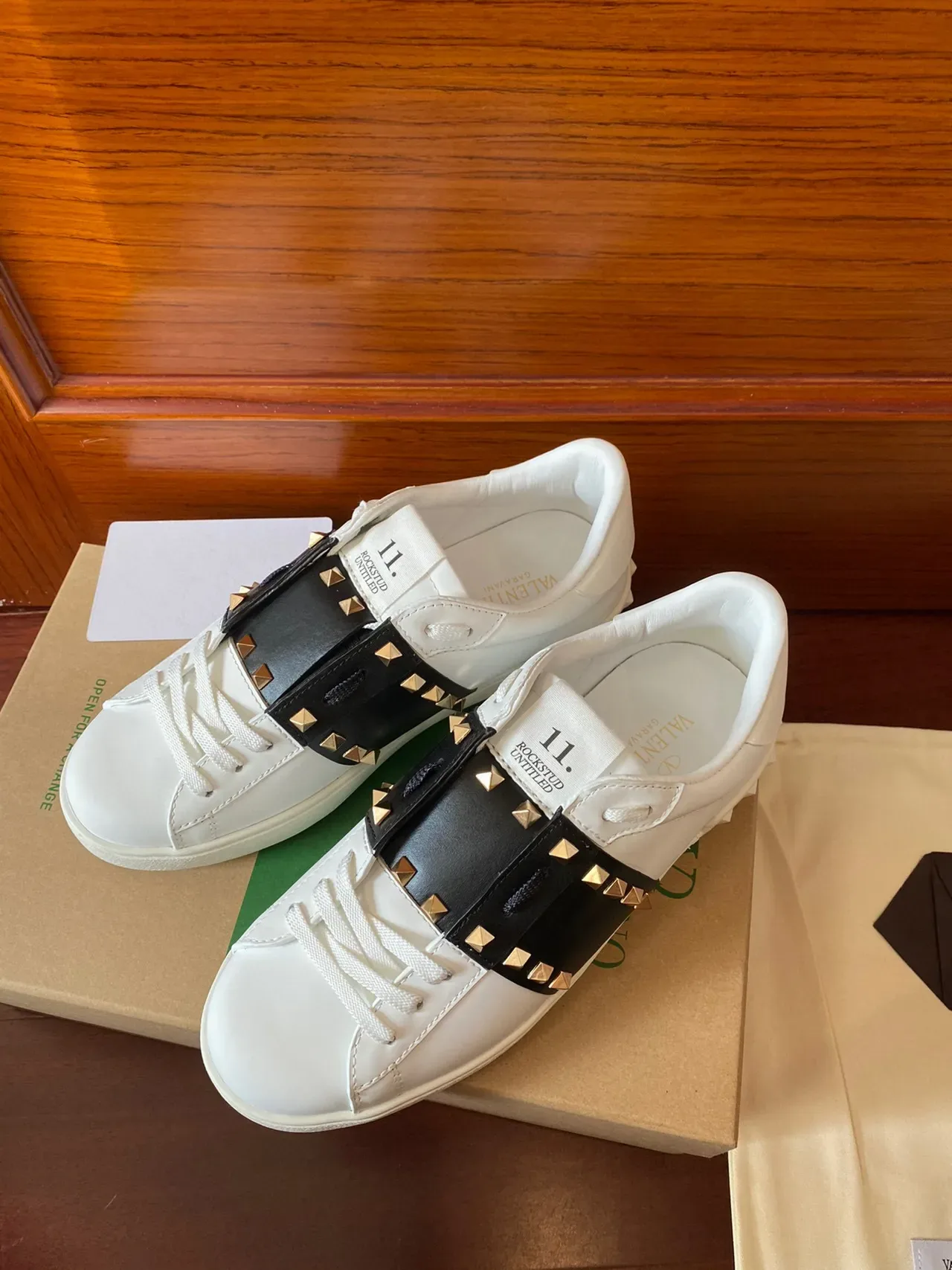 Valentino Rockstud White Leather Black Studded Strap Lifestyle Sneakers 3