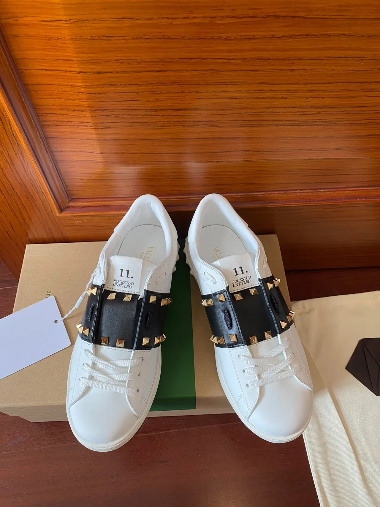 Valentino Rockstud White Leather Black Studded Strap Lifestyle Sneakers 4