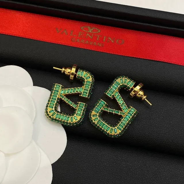 Valentino VLTN Logo Baguette Green Crystal Stud Earrings 2