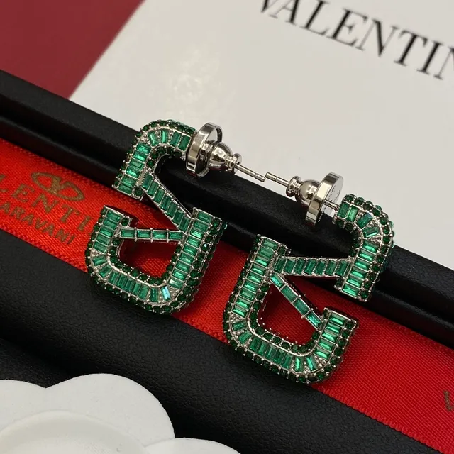 Valentino VLTN Logo Baguette Green Crystal Stud Earrings 3