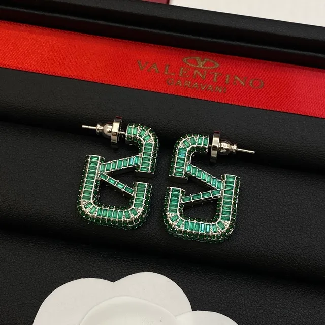 Valentino VLTN Logo Baguette Green Crystal Stud Earrings 4
