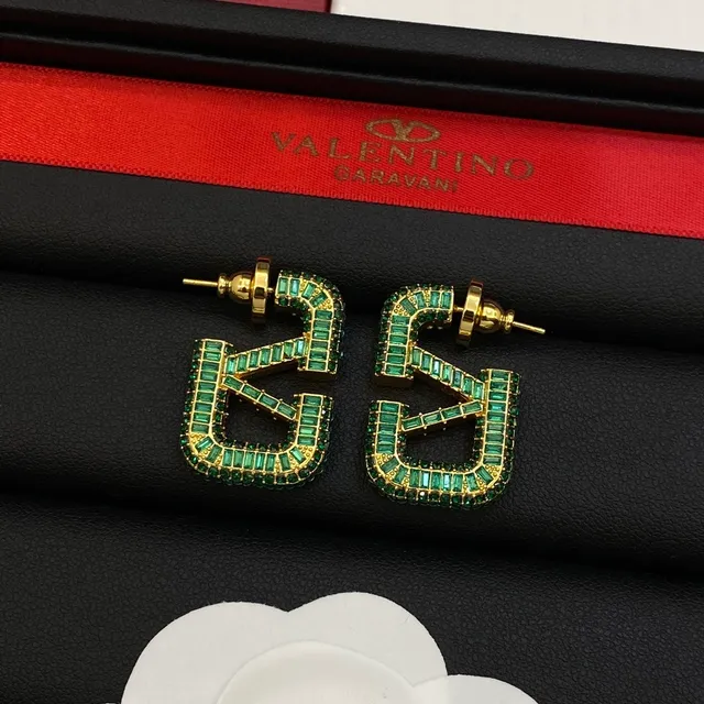 Valentino VLTN Logo Baguette Green Crystal Stud Earrings 5
