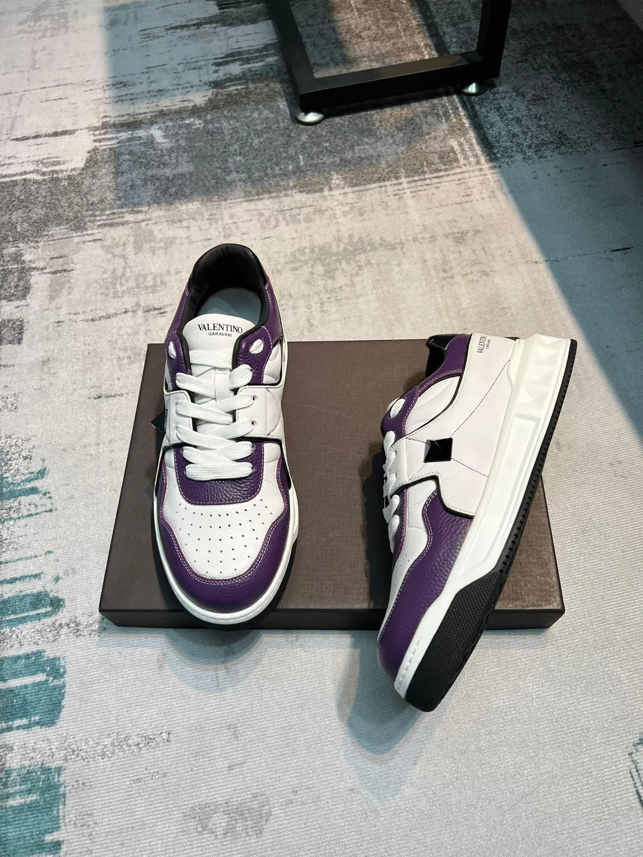 Valentino Branco Roxo Couro com Painéis Dedo Perfurado Sneakers Lifestyle 5