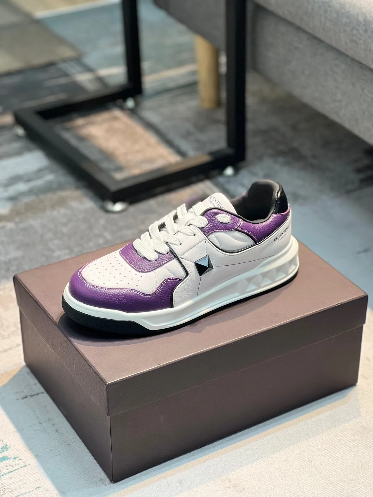 Valentino Branco Roxo Couro com Painéis Dedo Perfurado Sneakers Lifestyle 8