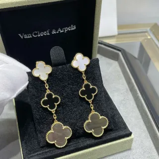 Van Cleef & Arpels Alhambra Gold Black Triple Quatrefoil Mother-of-Pearl And Onyx Inlay Earrings