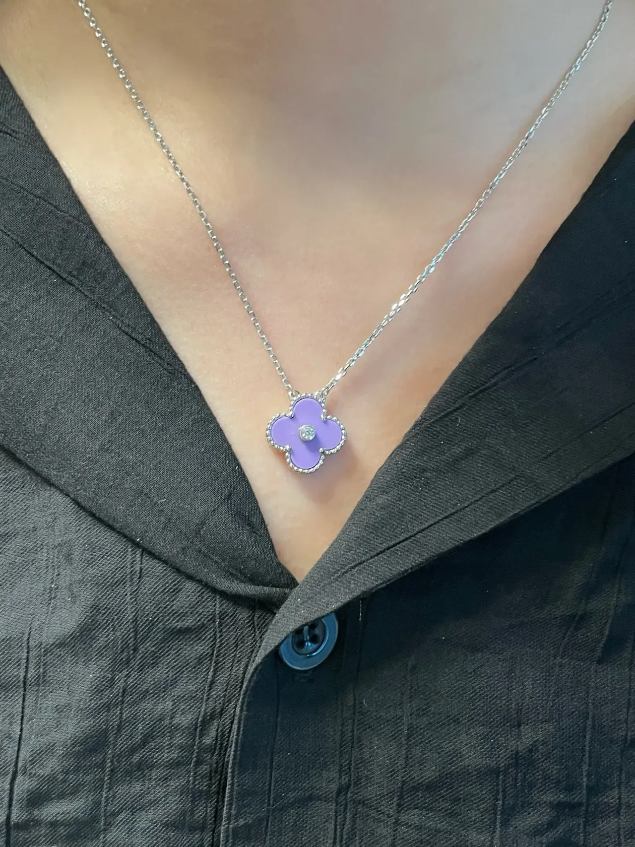 Van Cleef & Arpels Alhambra Esmalte Lavanda Colar Pingente Diamante 9