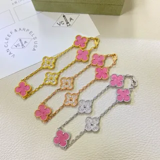 Van Cleef & Arpels Alhambra Pink Enamel and Pavé Gold and Silver Bracelets