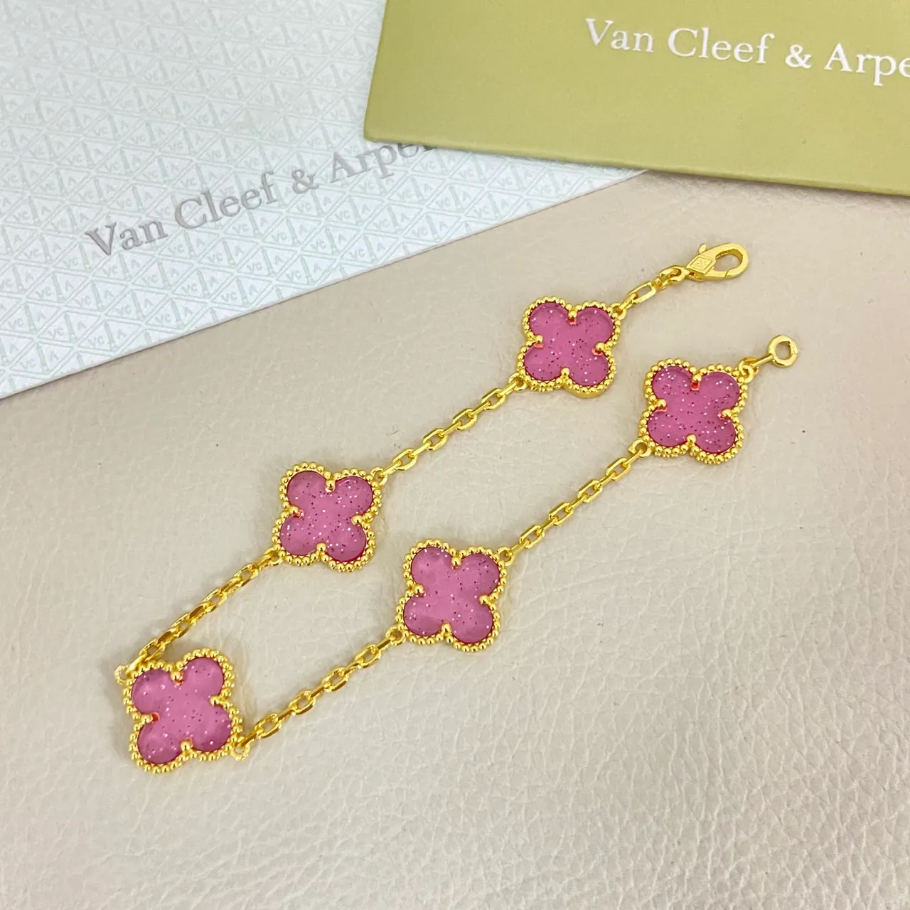 Van Cleef & Arpels Alhambra Pink Glitter Enamel Gold Bracelet 5