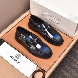 Versace 黑蓝 高光泽专利皮革 彩虹渐变 乐福鞋