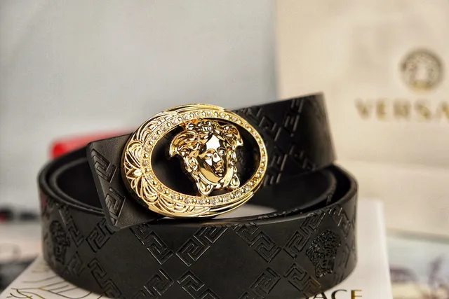 Versace Black Gold Embossed Greca Pattern Crystal-Encrusted Medusa Buckle Leather Belt 2