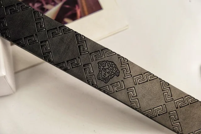 Versace Black Gold Embossed Greca Pattern Crystal-Encrusted Medusa Buckle Leather Belt 3