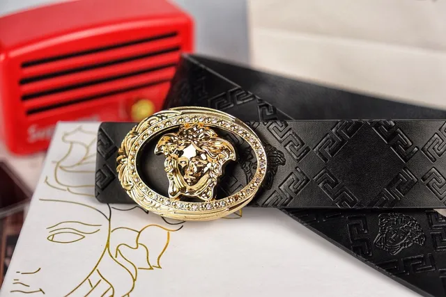 Versace Black Gold Embossed Greca Pattern Crystal-Encrusted Medusa Buckle Leather Belt 4