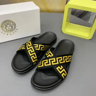 Versace أسود أصفر قاعدة مسطحة حزام غريكا متشابك مزدوج نعال