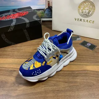 Versace Chain Reaction حذاء رياضي سميك أزرق أصفر Greca Print