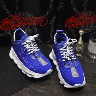 Versace Chain Reaction 皇家蓝色网布和麂皮厚底运动鞋