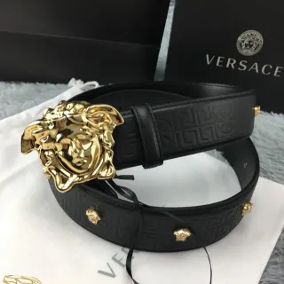 Versace Medusa Belt 黑色金头扣 Greca-Embossed 皮革腰带
