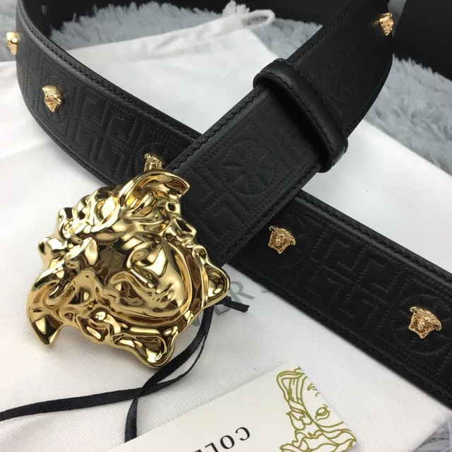 Versace Medusa Belt Black Gold Head Buckle Greca-Embossed Leather Belt 7
