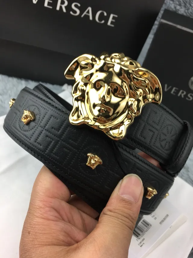 Versace Medusa Belt Black Gold Head Buckle Greca-Embossed Leather Belt 8