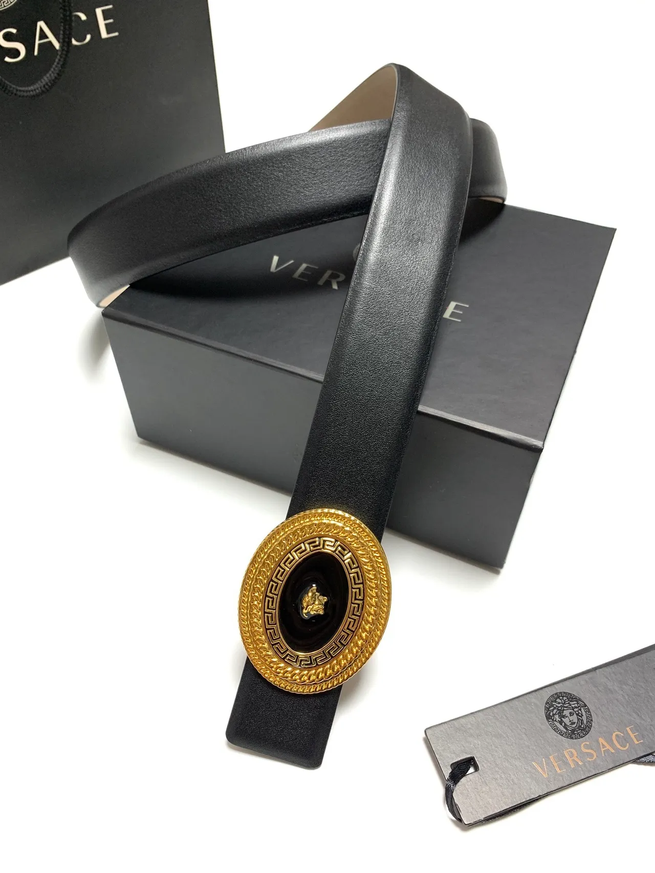 Versace Medusa Belt Black Leather Gold-Tone Buckle Leather Belt 6