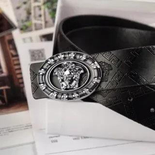 Versace Medusa Belt 黑色 银色 头扣 水晶镶嵌 皮革腰带