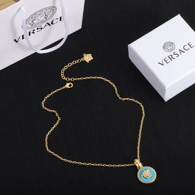 قلادة Versace Medusa ذهبية سلسلة زرقاء دائرية 5