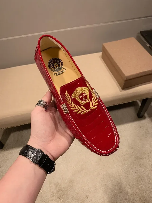 Versace Medusa Red Gold Patent Croc-Embossed Leather White Contrast Stitching Loafer 3