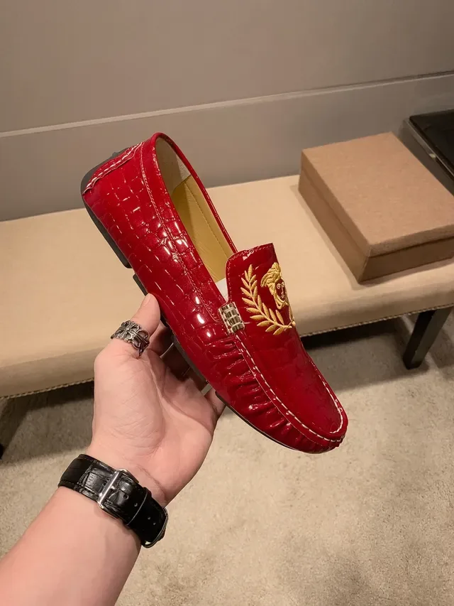 Versace Medusa Red Gold Patent Croc-Embossed Leather White Contrast Stitching Loafer 4