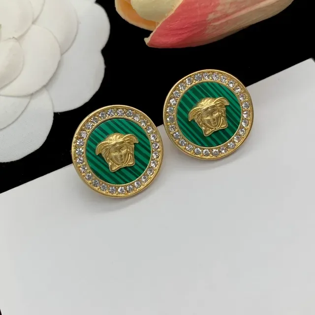 Versace Medusa Stud Green Gold Circular Head Striped Enamel Earrings 2
