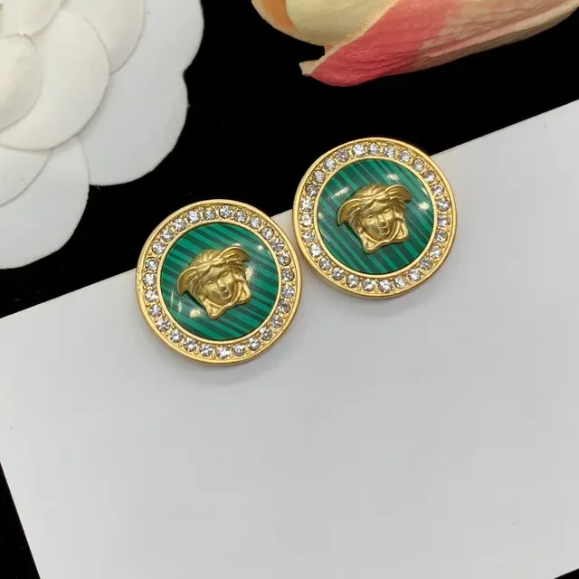 Versace Medusa Stud Green Gold Circular Head Striped Enamel Earrings 3