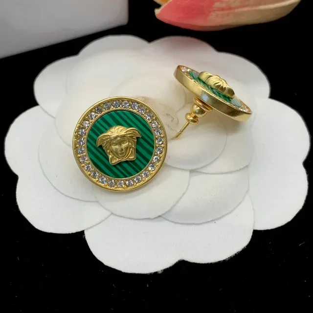 Versace Medusa Stud Green Gold Circular Head Striped Enamel Earrings 4