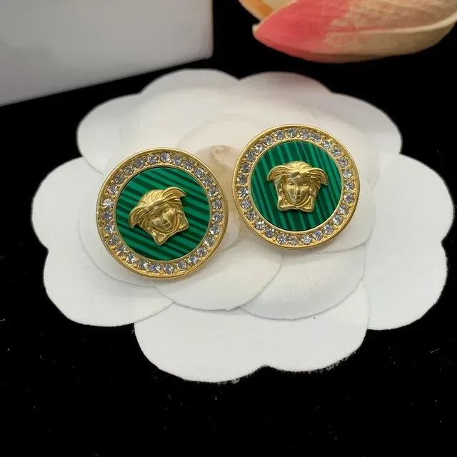 Versace Medusa Stud Green Gold Circular Head Striped Enamel Earrings 6
