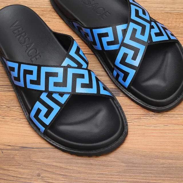 Versace Odissea Greek Key Blue Black Slippers 2