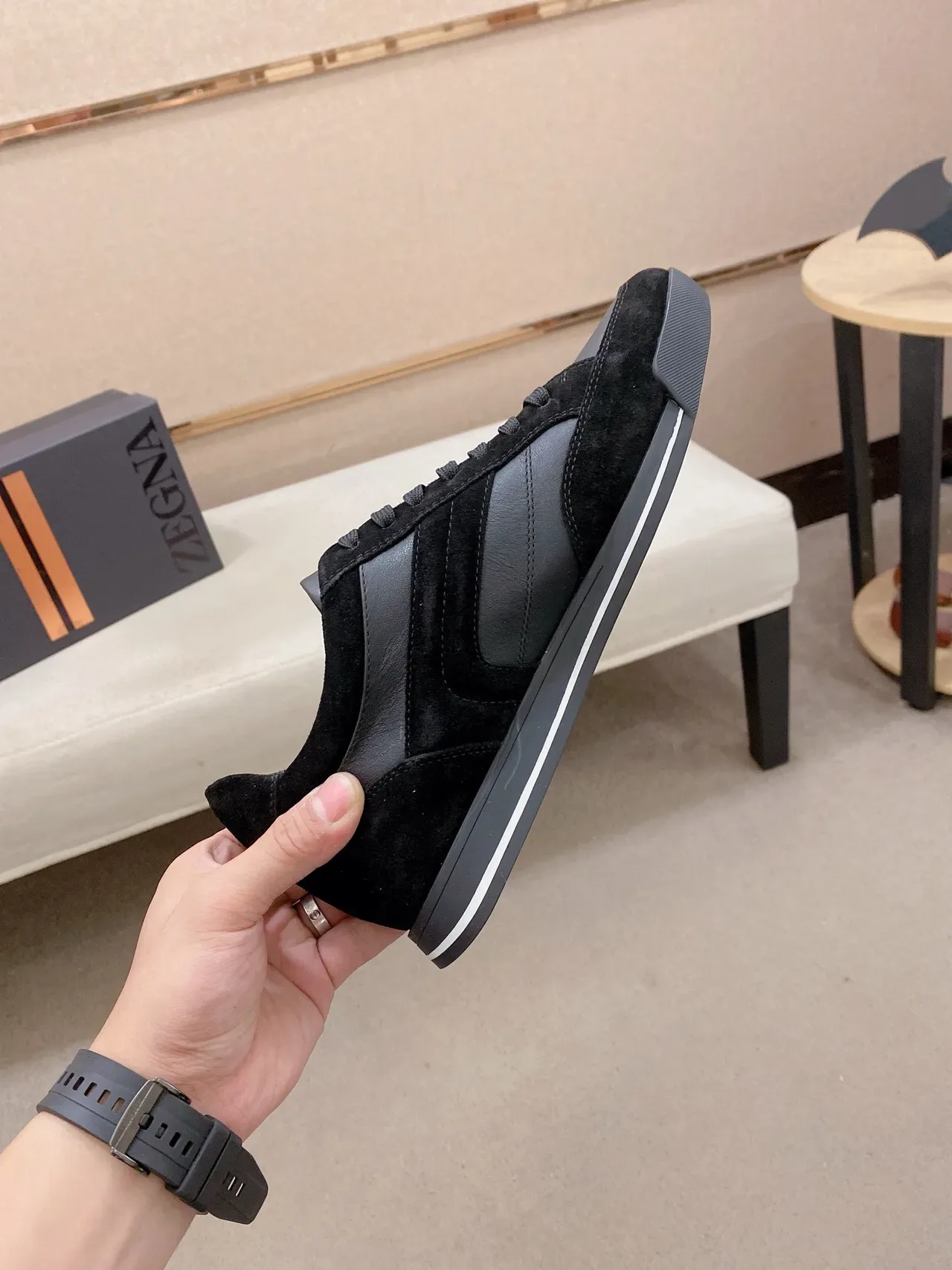 Ermenegildo Zegna काला और भूरा स्यूड लेदर लाइफस्टाइल स्नीकर 5
