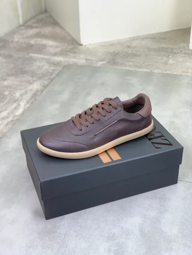 Zegna بني جلد مقشر قاع مطاط حذاء كاجوال 3