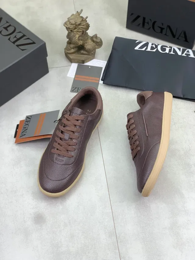 Zegna بني جلد مقشر قاع مطاط حذاء كاجوال 4