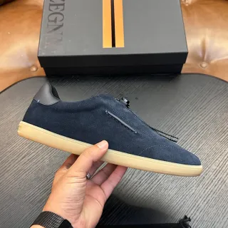 Zegna Navy Suede Zipper Slip-On Sneakers