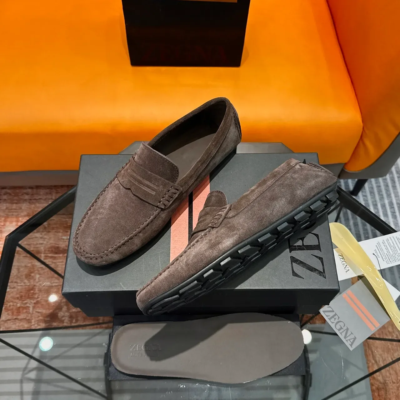 Zegna Penny Loafer Gray Black Suede Upper Strap Loafer 3