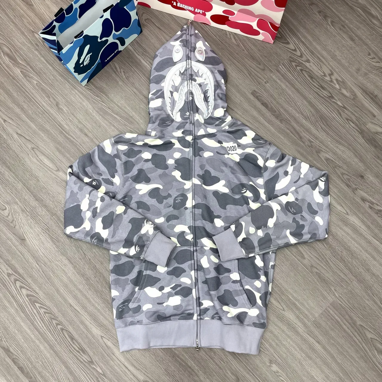 هودي A Bathing Ape Shark أسود أبيض سحاب كامل 5