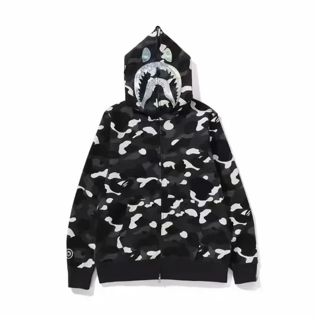 هودي A Bathing Ape Shark أسود أبيض سحاب كامل 7