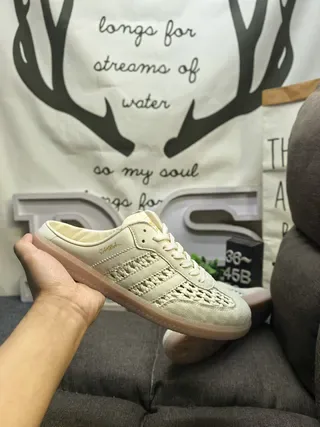 Adidas Beige Perforated Woven Three-Stripe Open-Back Mule Sneakers 5
