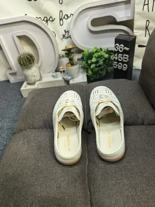 Adidas Beige Perforated Woven Three-Stripe Open-Back Mule Sneakers 8
